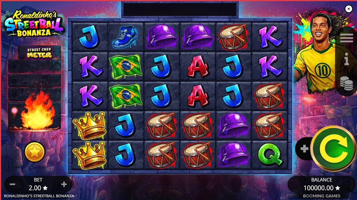 Ronaldinho’s Streetball Bonanza slot game interface with vibrant street football theme.